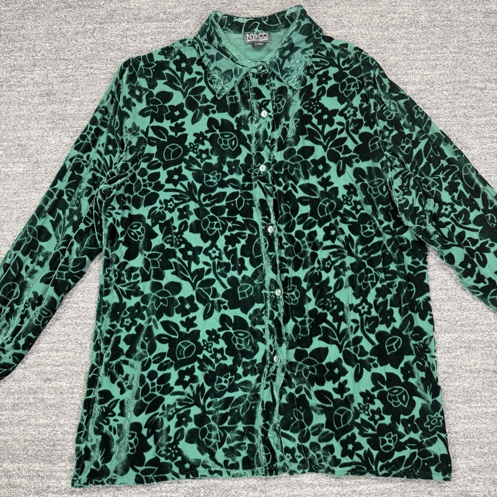Vintage NY & CO Silk Velvet Button Up Shirt M Emerald Floral Sheer Burnout 90s